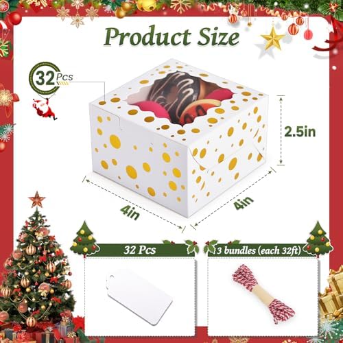 32Pcs 4x4x2.5 in Christmas Cookie Boxes with Window, White Gold
