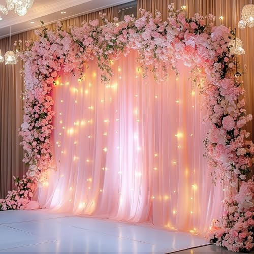 Fomcet Tulle Backdrop Curtains with Lights 10x8ft Sheer Peach Curtain