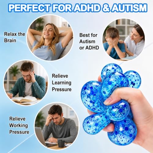 Stress Cube Squishy Stress Balls,Squishy Cube Filled with Glitter,(2.17in) Ice Cube Stress Balls for Adults,Sensory Fidget Toys for Anxiety Stress Relief,Party Favors (Blue Stress Cube)