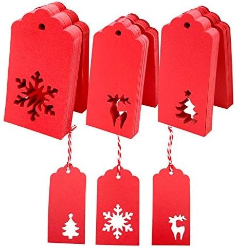 Christmas Holiday Tags,Christmas Gift Wrap Tags,Red Christmas Tree Snowflake Reindeer Tags,Red Paper Tags with Red and White String,150 Pcs
