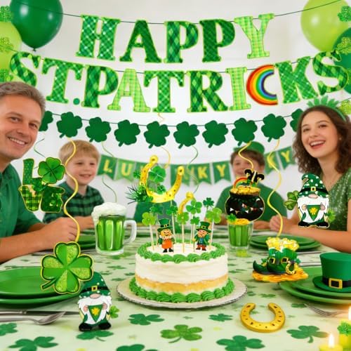 64Pcs St Patricks Day Decorations Kit Shamrock Lucky Banner Garlands Clover Hanging Swirls Irish Decor for Home Saint Patrick Party Table Supplies