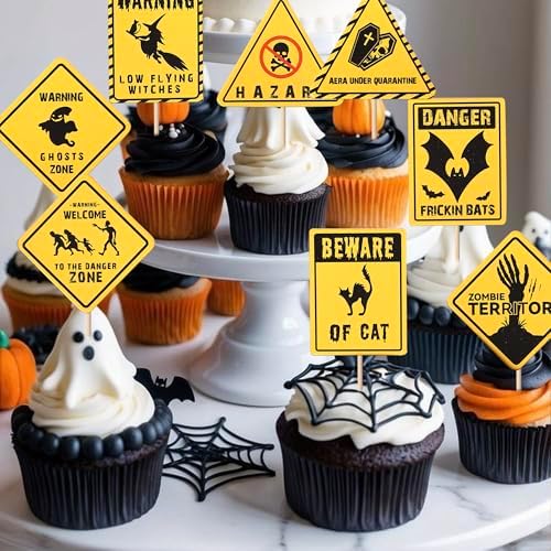 Rsstarxi 40 Pack Halloween Cupcake Toppers Beware Danger Ghost, Bat, Cat, Zombi Cupcake Picks Scary Halloween Decorations for Baby Shower Happy Boo Day Birthday Party Cake Decorations