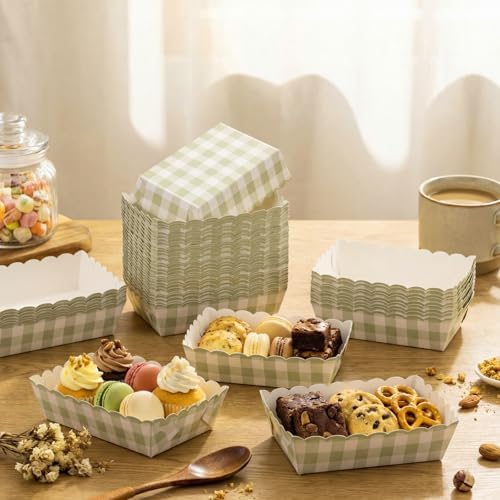 Funnymoom 100 Pcs Sage Green Gingham Paper Food Trays Green White Checkered Serving Trays Disposable Hot Dog Nacho Boat for Fresh off The Market Bridal Shower Decorations Birthday Party Supplies