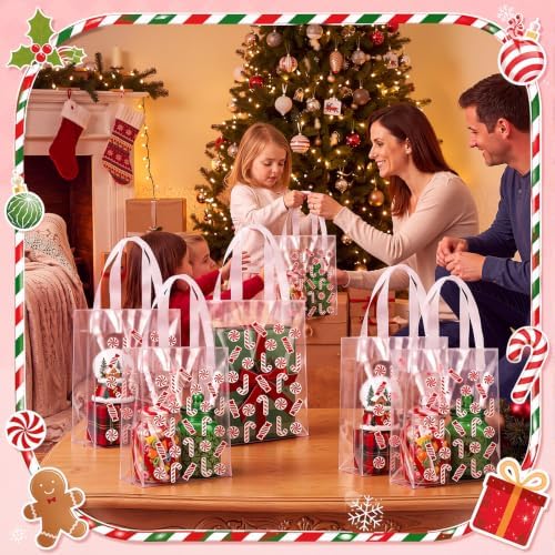 Pajean 25 Pcs Christmas Plastic Gift Bags with Handles, Candy Cane Pouches