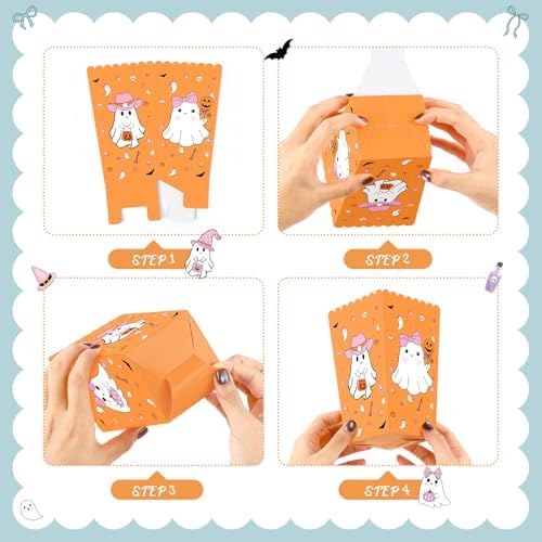 K KUMEED 24 PCS Halloween Popcorn Favor Boxes,Cute Ghost Popcorn Bowls Popcorn Buckets Candy Bags Boo Theme Cookie Container for Kids Halloween Party Supplies (Blue&Orange)