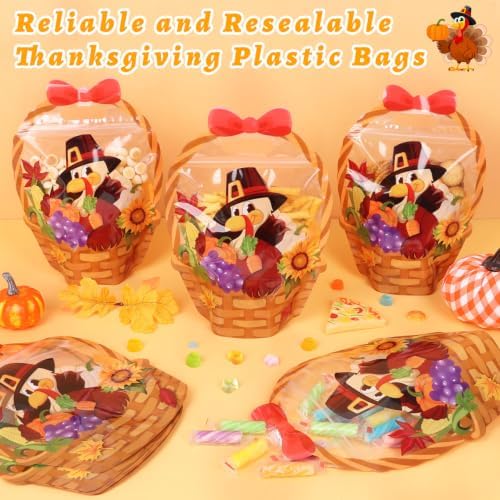 CCINEE 50 Packs Thanksgiving Ziplock Gifts Bags Bulk, 3D Fall Plastic Treat Bags with Handle Sealable Turkey Goodie Favor Bag for Holiday Autumn Harvest Party Gift Wrapping