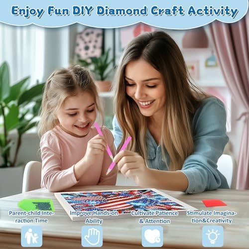 Patriotic Diamond Art Kits for Kids with Frame, American Flag Diamond Painting Kits for Kids Ages 4-8-12, 4th of July Easy Diamonds Gem Art Craft for Girl Boy, Gift Package for and Home Decor 7x7inch