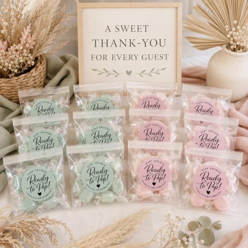 Ready to Pop Baby Shower Favor Bags, 120 Stickers and 120 Clear Treat Bags, 1.6 Inch Blush Pink and Sage Green Popcorn Labels for Boho Baby Shower Decorations