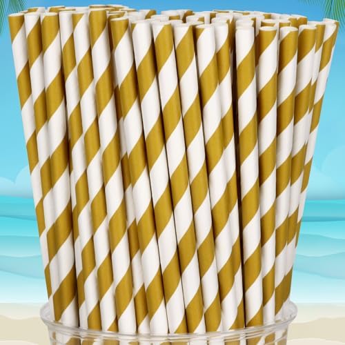 100 Packs Brown Biodegradable Striped Paper Straws, Disposable Drinking Straws for Birthday Carnival Summer Pool Party Wedding Baby Shower Halloween Christmas Party Decoration Supplies