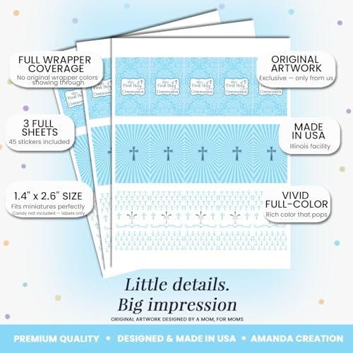 First Holy Communion Mini Chocolate Candy Bar Sticker Wrappers for Boys, 45 1.4" x 2.6" Wrap Around Labels by AmandaCreation, Great for Party Favors
