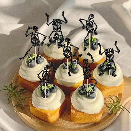 30 PCS Halloween Skull Cupcake Toppers Glitter Skeleton Dance Cupcake Picks Happy Halloween Party Decorations for Skull Baby Shower Kids Boys Girls Birthday Party Cake Decorations Supplies Black