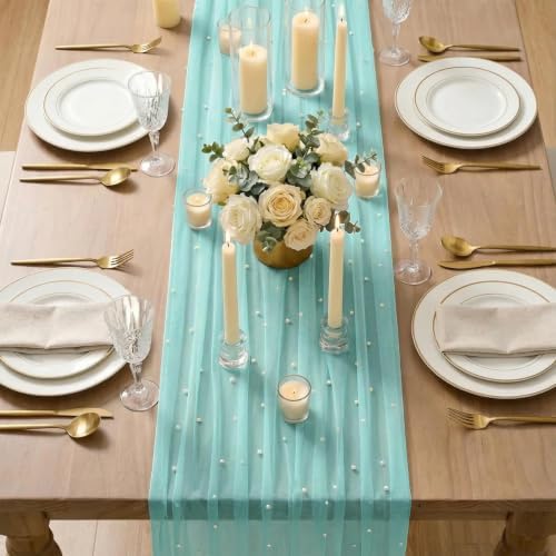 Artoid Mode 3-Pack Pearl Turquoise Gauze Table Runner 10FT Home Decor