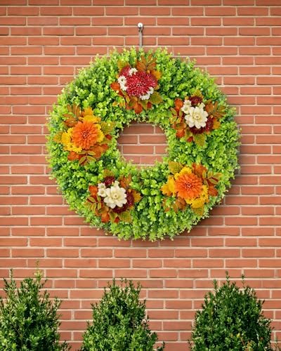 DDHS 28 inch Boxwood Wreath, Artificial Large Spring Wreaths for Front Door with Yellow Sash can DIY Shaped, Summer Wreaths for Hanging in the Shop, Farmhouse, Roof Green Everyday Wreath Home Decor
