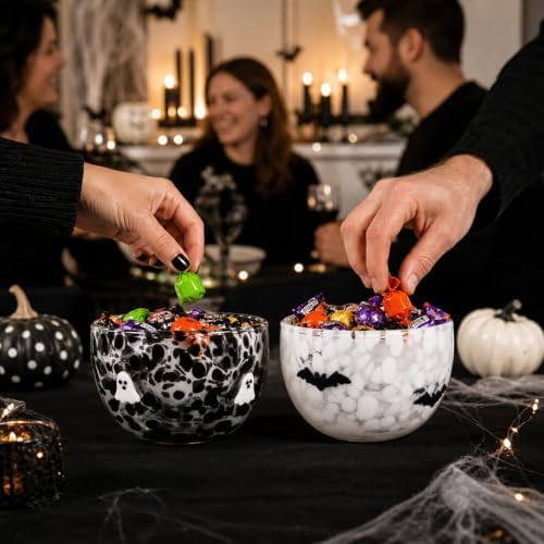 AnyDesign 2Pcs Halloween Icon Candy Bowls 14 Oz Black White Ghost Bat Serving Bowl Trick or Treat Glass Dishes Candy Servers Table Decor for Gifts Snacks Cookies Dessert Party Supplies