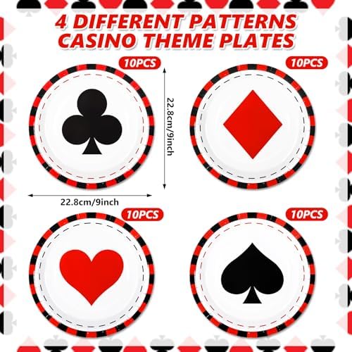 Whaline 40 Pcs Casino Party Paper Plates for Las Vegas Themed Party Supplies Poker Event Game Disposable Plates 4 Designs Tableware for Casino Night Birthday Poker Club Supplies Table Decor, 9 In