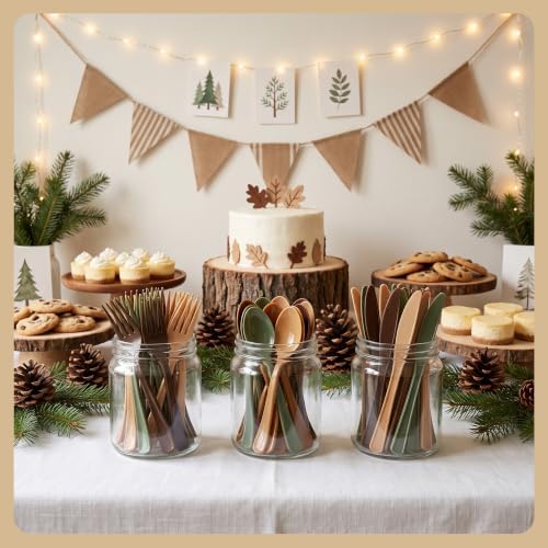 300Pcs Woodland Plastic Silverware Set, Disposable Full Size for Dinner