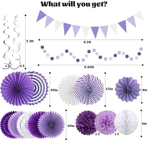 24 Pcs Purple Birthday Decorations Kit, Paper Fans Pom Poms Banner 8-16 in