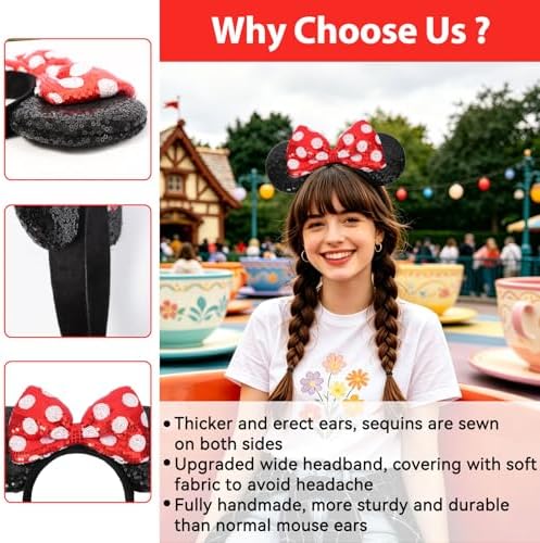 UNSPAZ Mouse Ears Headbands, Sequin Mouse Ears for Women Girls Boys, Shiny Bow Headband for Cosplay Costume Party Decorations Hair Accessories (Polka Dots)