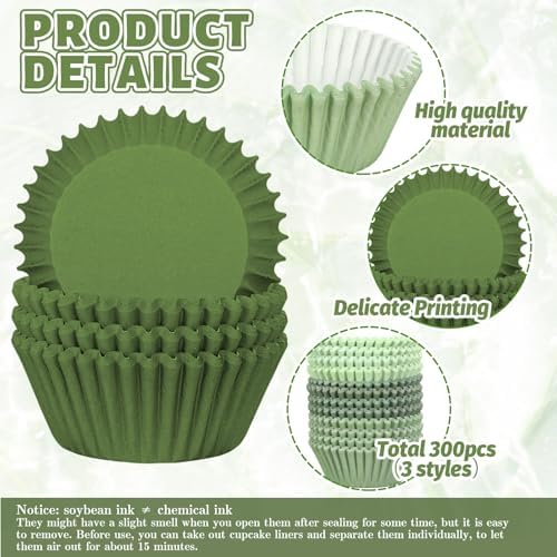 Whaline 300Pcs Sage Green Cupcake Liners Paper Baking Cups Gradient Color Standard Muffin Cupcake Wrappers for Tea Party Wedding Bridal Baby Shower Birthday Party Supplies