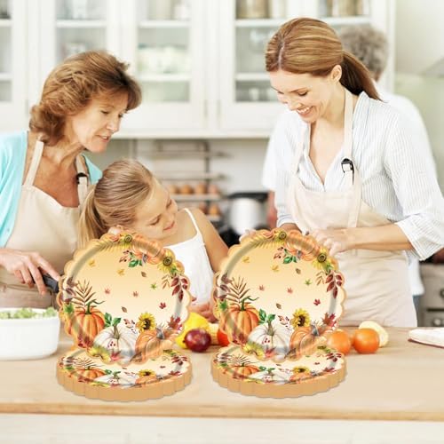 7 Inch Fall Paper Plates Disposable 40 Count Thanksgiving Pumpkin Party Plates, Heavy Duty Scalloped Dessert Plates for Autumn Party Supplies & Holiday Dinner Decorations