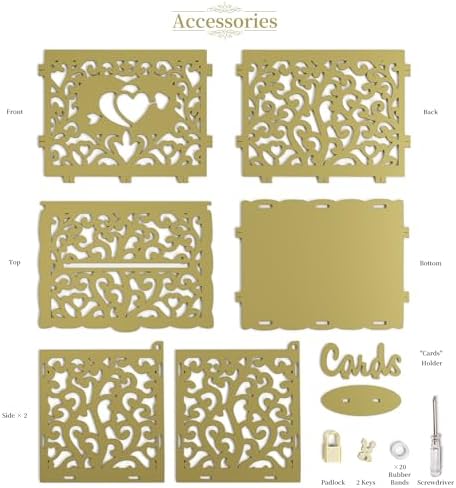 Jolik Wedding Card Box With Sign, Large DIY Locking Money Box Holder for Wedding Reception, Gift Card & Envelope Storage, Anniversary & Birthday Party Decoration, Bridal Party Box (Gold)