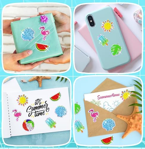 500Pcs Summer Stickers Roll for Kids Holographic Hawaiian Luau Tropical Beach Self-Adhesive Decals Seasonal Party Favors DIY Crafts Teacher Rewards Gifts for Water Bottles Scrapbooking Decoration