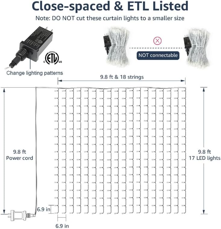 Lighting EVER 306 LED Curtain Lights, 10×10 ft Plug in Hanging Fairy Lights