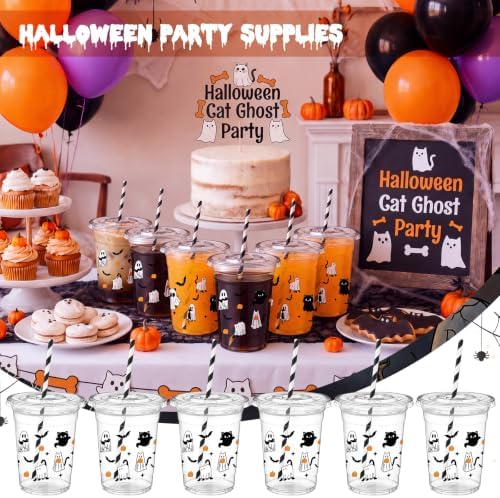 FillTouch 50 Pcs Halloween Cat Ghost Cups 16 oz with Lids Straws