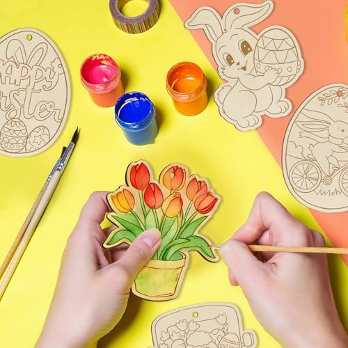 36PCS Wooden Easter Ornaments to Paint, 6 Styles DIY Blank Unfinished Wood Egg Cutouts Ornament for Crafts Hanging Decorations Happy Easter Hallow Egg Rabbit Bunny Butterfly Flower Hen
