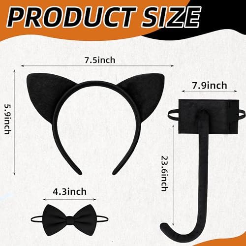 3 Pieces Black Cat Ears Headband Costume Accessories Set – Cat Ears Headwear, Tail, and Bow Tie for Halloween, Animal Cosplay, School Plays, and Dress-Up Parties for Kids and Adults