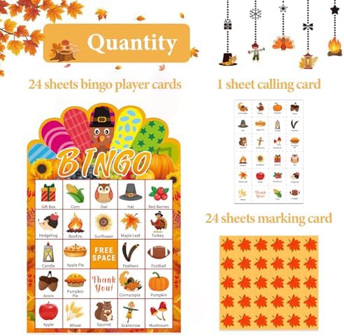 JUESMOS Thanksgiving Bingo Game for Kids Adults Fall Thanksgiving Games Bingo Cards 24 Players Turkey Bingos Games Cards Thanksgivings Game Supplies for School Classroom Family Activities Party Favors