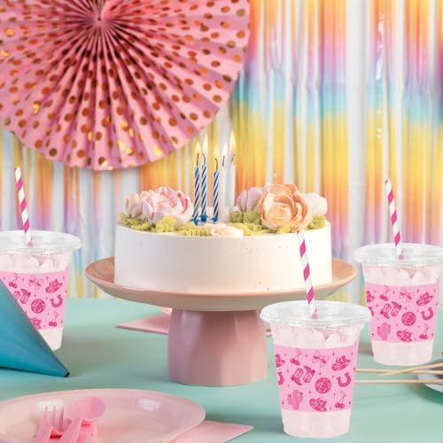 Whaline 50Pcs Pink Pony Club Plastic Cups Disposable Cups with Lids Straws 12oz Hot Pink Western Cowgirl Clear Plastic Cup for Birthday Bachelorette Party Supplies