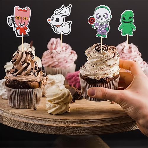 40 Pack Halloween Cupcake Toppers Skull Ghost Jack and Sally Cupcake Picks for Scary Christmas Halloween Anniversary Birthday Cake Decorations Party Supplies