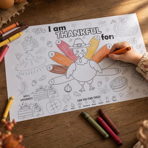 24 Count Thanksgiving Color Your Own Placemats – I Am Thankful for Turkey Coloring Activity Placemat for Kids, Thanksgiving Table Activity, Classroom Crafts
