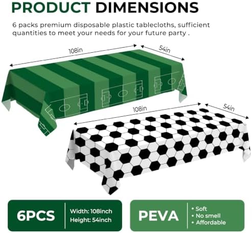 6 Pack Soccer Party Premium Disposable Plastic Tablecloth 54" x 108" Table Cloths Include 3 Black＆White and 3 Green for 6 to 8 Foot Sports Ball Theme Decoration Supplies (Soccer)