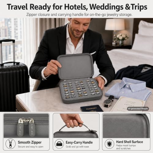 GWCASE Ring Organizer Box, 42-Slot Hard Shell Case, Holds 50+ Pieces, Gray
