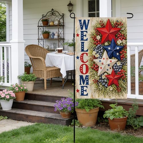 4th of July Decorations - Patriotic Stars Welcome Garden Flag | Double Sided Fourth of July Accessories Patriotic Banner | 250 Anniversary USA Merchandise for Garden Yard Porch Patio Lawn Outdoor Outside Decor