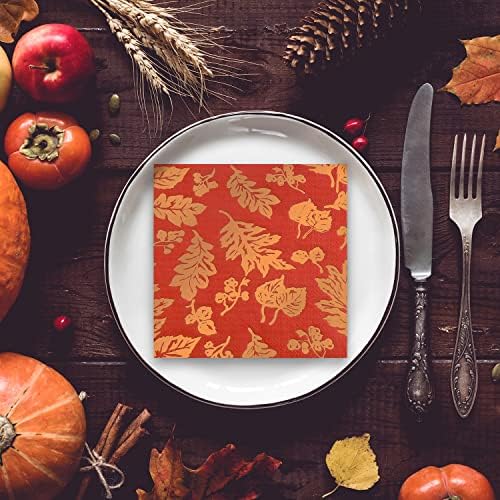 50 Pack Gold Foil fall Paper Napkins Disposable napkins red gold maple leaves for autumn and Thanksgiving, engagement, baby shower, celebration party 6.5 x 6.5 inches