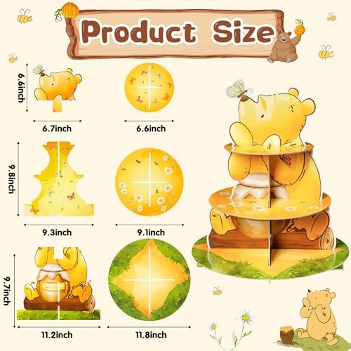Winnie Theme Cupcake Stand - 3 Tier Winnie Party Dessert Holder, Cute Winnie Cardboard Cake Stand for Birthday Party Decorations, Winnie Cupcake Display for Kids Baby Shower Supplies
