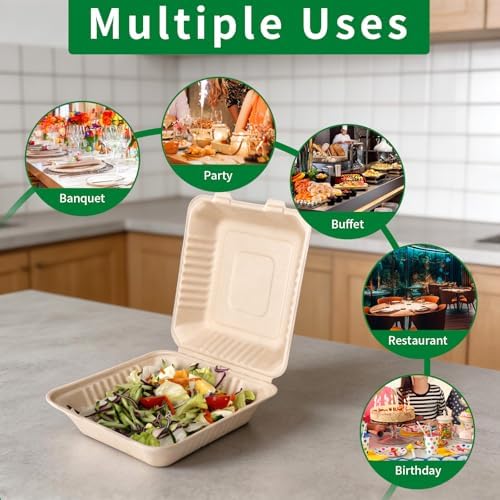 Aricsen Disposable 100 Pack 8×9 Inch Takeout Lunch Box Containers with Lids