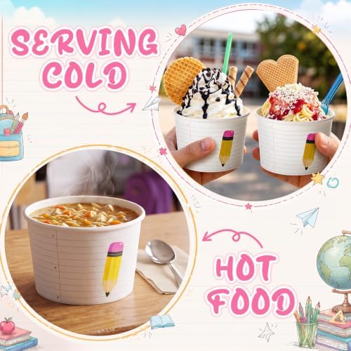 Maxdot 50 Pcs Back to Snack Bowls Cups 9 oz Pencil Notebook Line Paper Bowls First Day of School Disposable Ice Cream Dessert Cups for Classroom Party Supplies