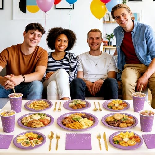 168Pcs Purple and Gold Paper Plates and Napkins Party Supplies for 24 Guest