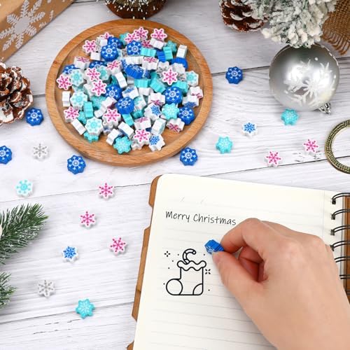 JUNEBRUSHS 150Pcs Snowflake Erasers, Cute Mini Christmas Pencil Erasers Novelty Winter Holiday Erasers for Classroom Rewards Prizes Winter Gifts Xmas Stocking Stuffers