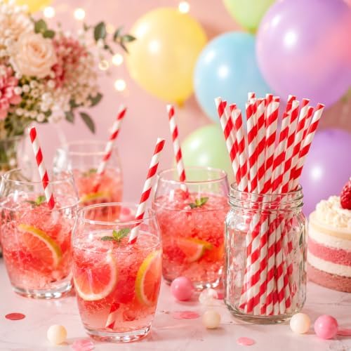 100 Packs Red Biodegradable Striped Paper Straws, Red and White Disposable Drinking Straws for Birthday Carnival Summer Pool Party Wedding Halloween Christmas Party Decoration Supplies