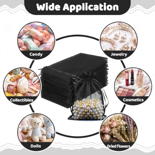 FUNFERY 100PCS Black Organza Gift Bags 6x9in,Drawstring Pouch for Jewelry