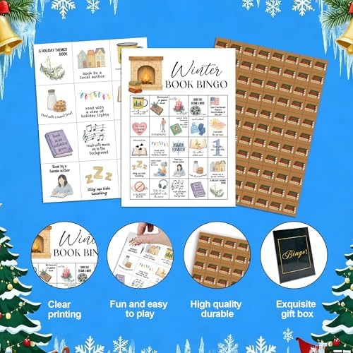 Winter Book Party Bingo Game Cards, Bookish Bingo Set for Adults Large Group, Book Club Reading Group Activities, Xmas Activities Icebreaker Games, for Family Friends, 04