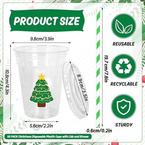 Whaline 50Pcs 12Oz Christmas Disposable Plastic Cups with Lids and Straws Colorful Light Bulb Xmas Tree Cold Beverage Drinking Cups for Holiday Birthday Party Supplies
