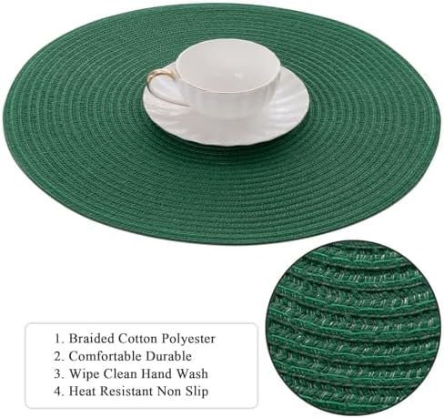 SHACOS Dark Green Round Placemats Set of 6 Cotton Polyester Braided 15 inch Washable Kitchen Dining Table Place Mats Christmas Table Mats for Home Wedding Party Decor