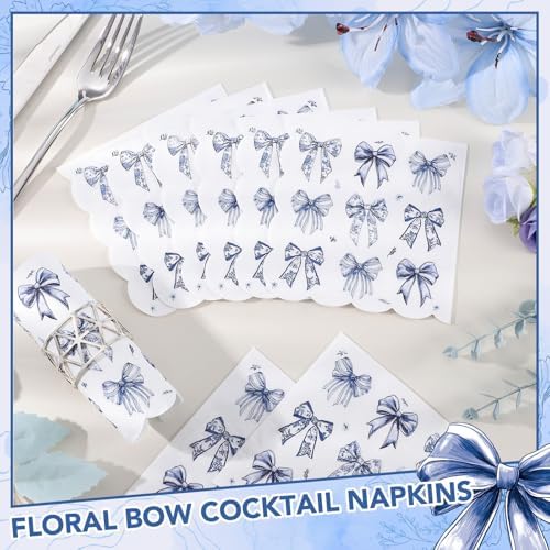NatNarr 100 Pk Blue Bow Cocktail Napkins, 5" Scalloped Decoupage Napkins
