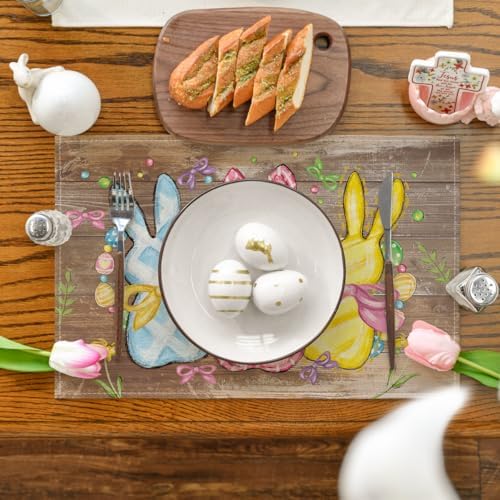 Artoid Mode Wood Bunny Rabbits Eggs Easter Placemats Set of 4, 12x18 Inch Floral Bow Seasonal Spring Holiday Table Mats for Party Kitchen Dining Decoration